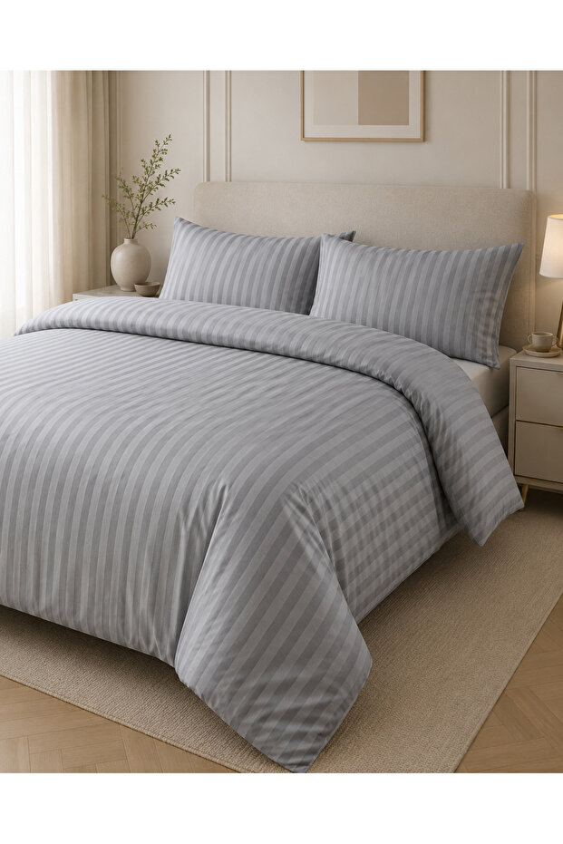 Double Light Gray Striped Satin Duvet Cover Set 200X220 cm Fitted Sheet 160X200+30 cm 2 Pieces 50X70 Pillowcases