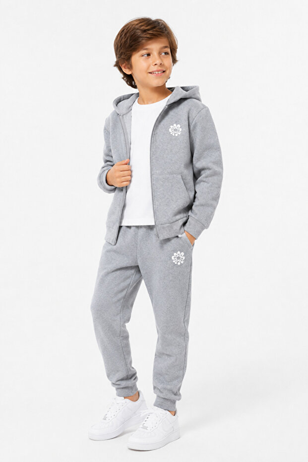 Printed Zippered Unisex Children's Top and Bottom Tracksuit Set