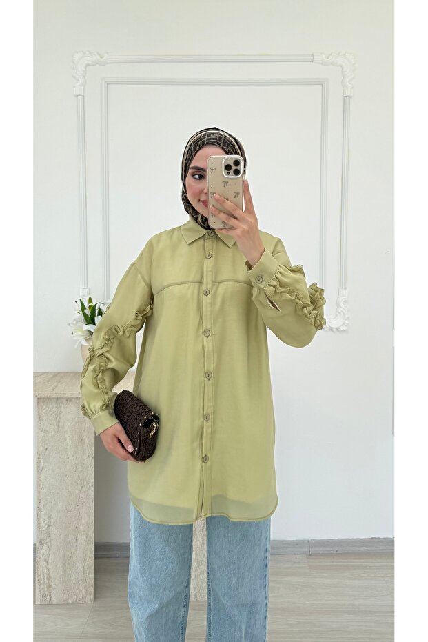 Molly Nelly Women's Gathered Sleeve Lined Voile Shirt