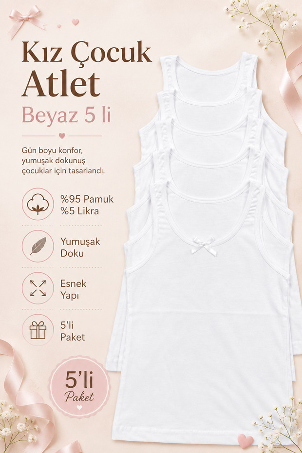 Girl's Wide Strap Tank Top 5-Pack Lycra White