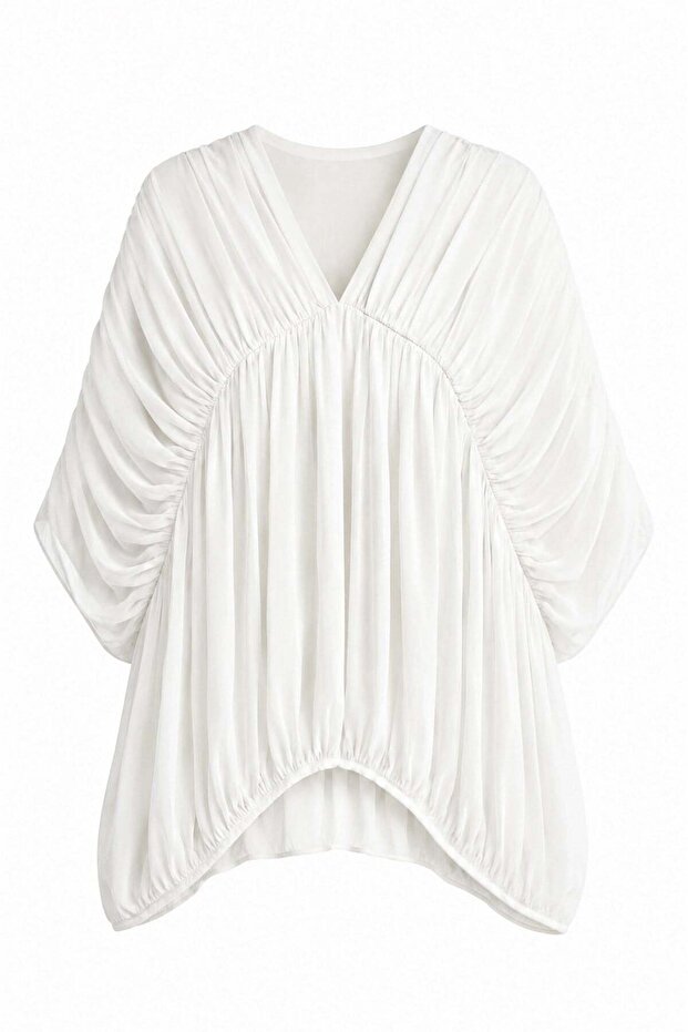 Tightly Gathered Chiffon Blouse Ecru