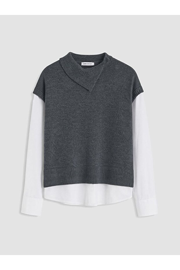 Lcw Everyday Anthracite Asymmetric Collar Women's Knitwear Sweater