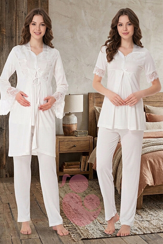Plus Size Maternity Pajama Set with Nursing Features, 100% Cotton Lace Dressing Gown