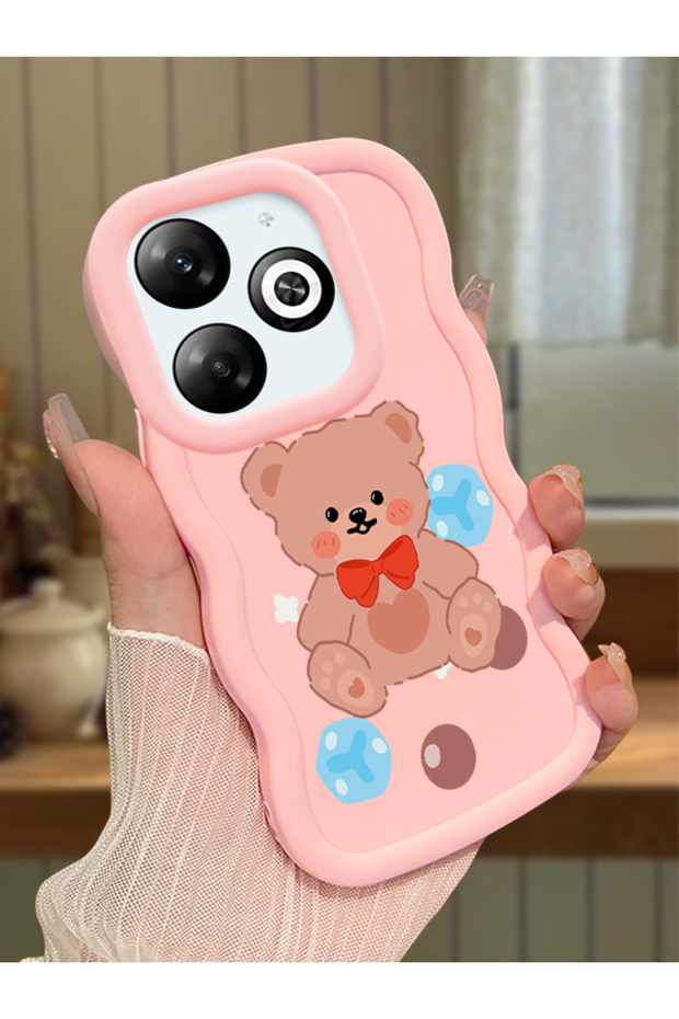 Infinix Smart 8 Pro Compatible Case Camera Protector Pink Silicone Couple Phone Case Bear Pattern