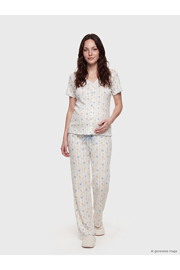 Lcw Dream Ecru V-Neck Printed Maternity Pajama Set