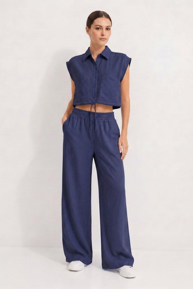 Crop Shirt and Trousers Set with Pocket Detail 7157
