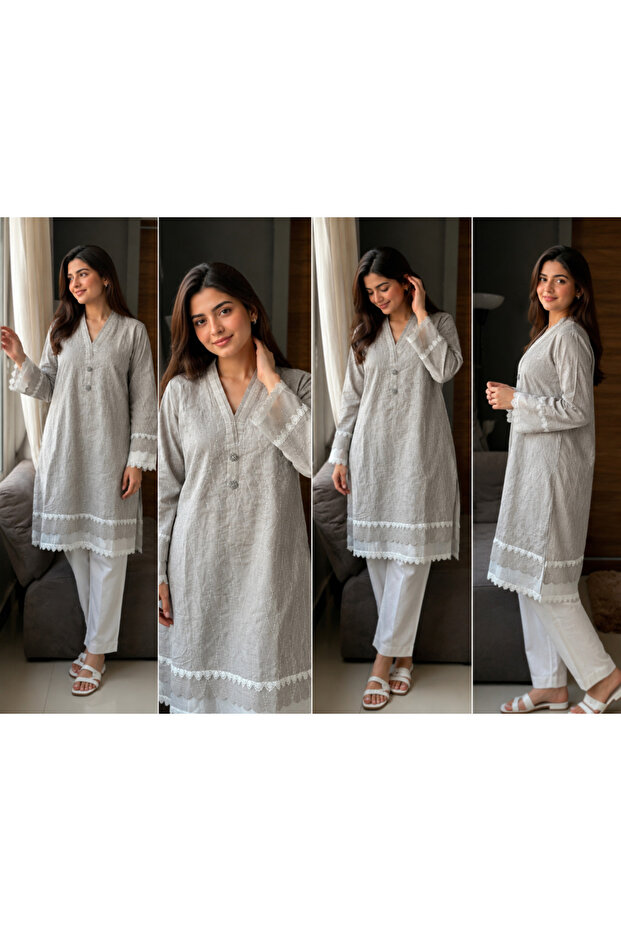 - Stone Grey Textured Cotton Modest Shirt with Lace Bell Sleeves
