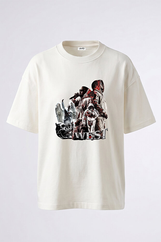 Kanye West_46 Design Printed Unisex Oversize Fit White Tshirt
