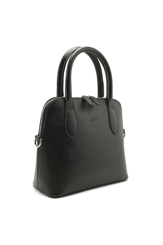 Malibu Women’s Genuine Leather Structured Handbag with Double Top Handles, Zip Closure and Detachable Shoulder Strap Rings – Black