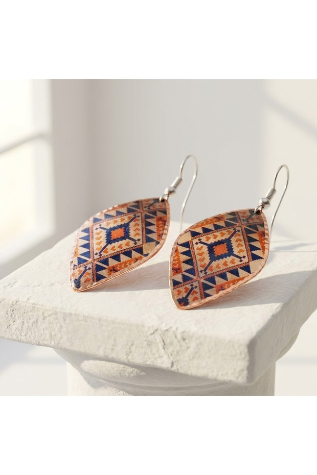 100% Handmade Copper |   Copper Orange Navy Blue Diamond Pattern Dangle Earrings |   100% Handmade Copper