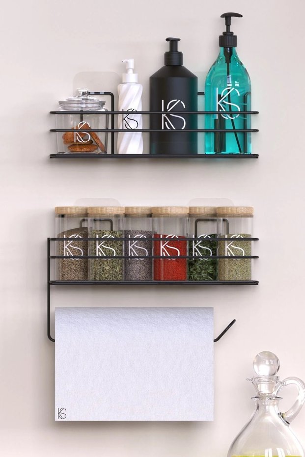 Adhesive Spice Rack 2 Pieces Metal Paper Towel Holder Black Spice Stand Kitchen Shelf Bathroom Rack