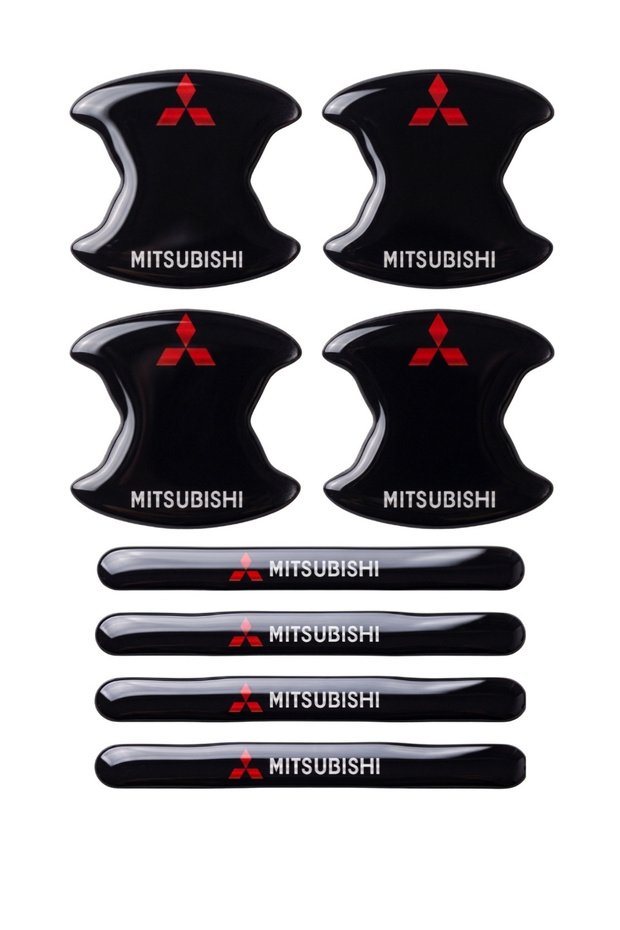 Premium Door Handle Scratch Protector (Set of 8) – Black & Transparent / Vehicle Brand Label Mitsubishi