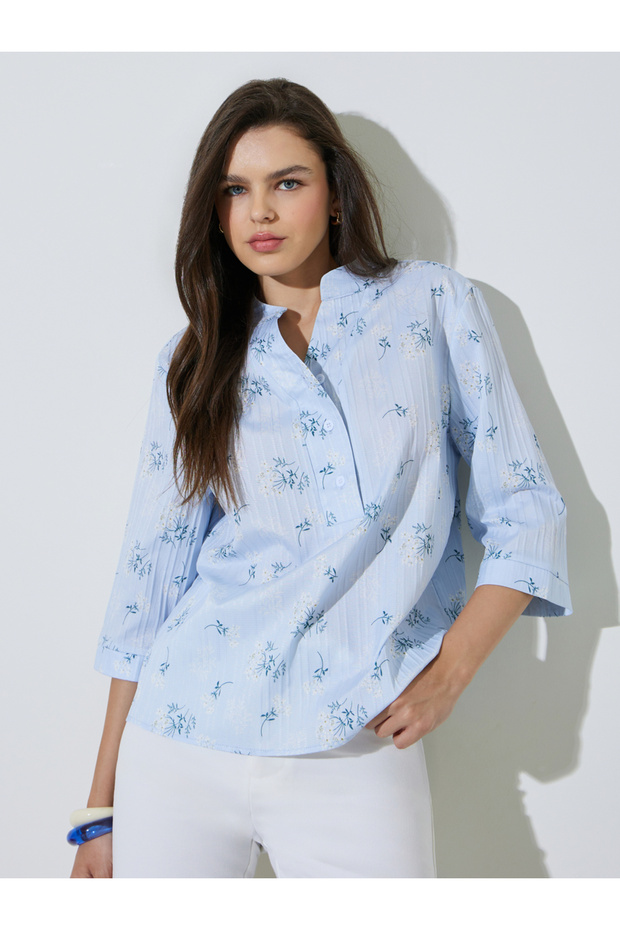 Blue Floral Print 3/4 Sleeves Blouse