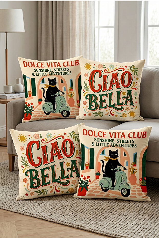 Ciao Bella Written on Vespa and Black Cat Patterned 4-Piece Decorative Throw Pillow Cover Set, Italian Retro Style Home Decor