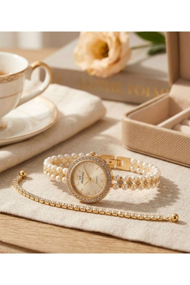 Women's Pearl Detailed Wristwatch and Zircon Stone Bracelet Set | Elegant Quartz Women's Watch | Stylish Daily S