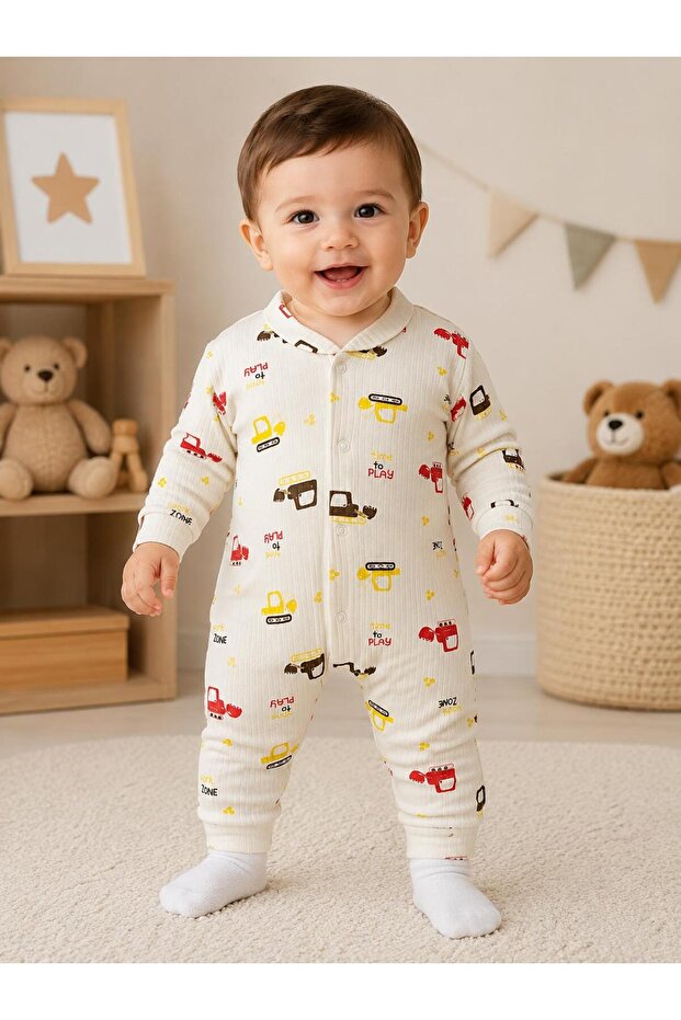 Baby Construction Vehicle Patterned Long Sleeve Romper – Soft Cotton Snap-On Baby Bodysuit