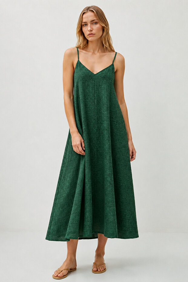 V-Neck Woven Fabric Long Dress with Adjustable Straps