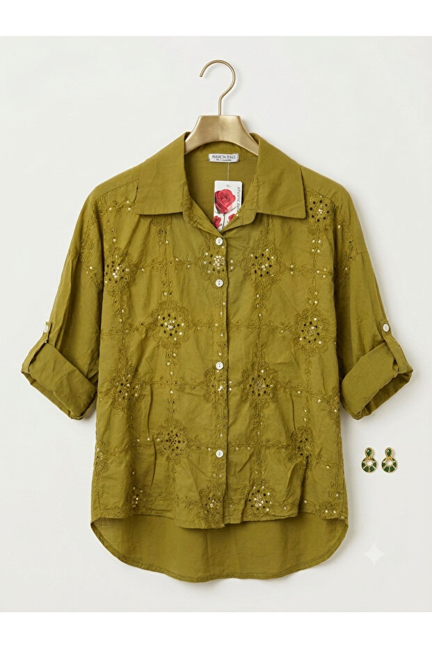 Italian Women's Embroidered Sequin Detailed Linen Shirt – Oversized Comfortable Fit Summer Shirt