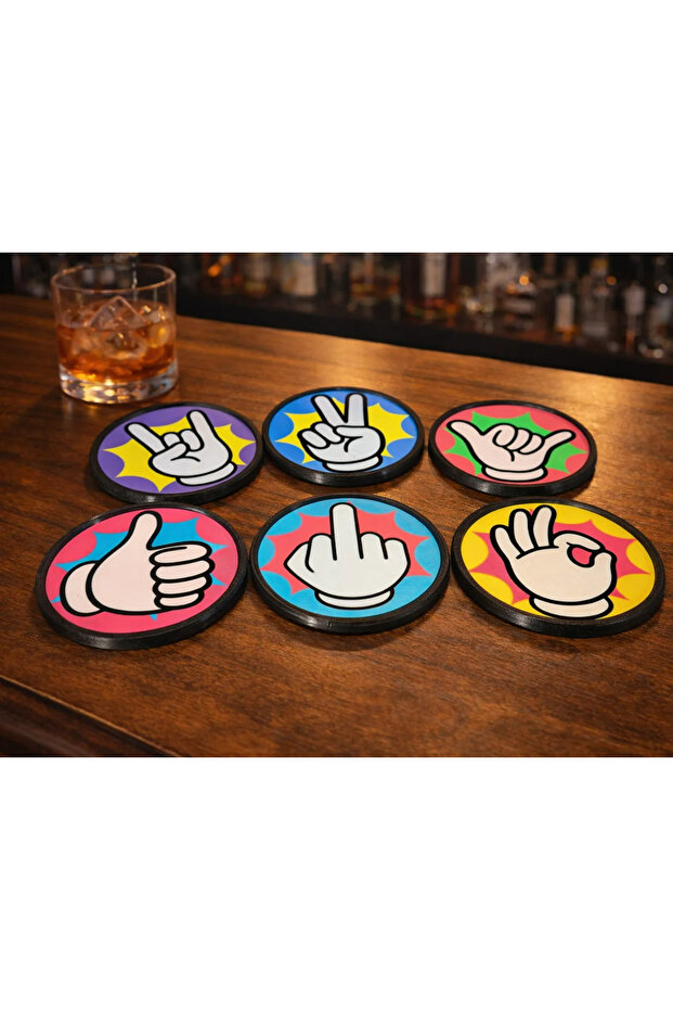Set of 6 Pop Art Hand Gesture Coasters Decorative Drink Coasters