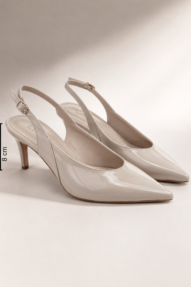 Women's Beige Patent Leather Open Back Stiletto 8 cm Heel Comfortable Full Mold.