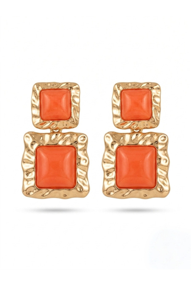 Orange Square Stone Gold Color Geometric Earrings