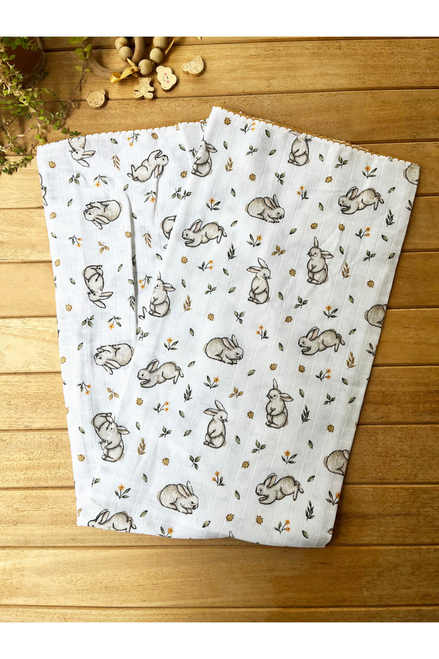Rabbit Patterned Single Layer Muslin Blanket – 1 Month / 6 Months / 12 Months Unisex Baby Muslin Blanket
