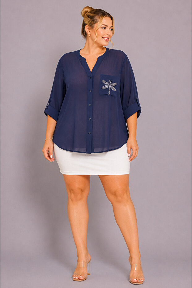 Large Size V-Neck Buttoned Stone Embroidered Capri Sleeve Pocket Thin Women's Shirt