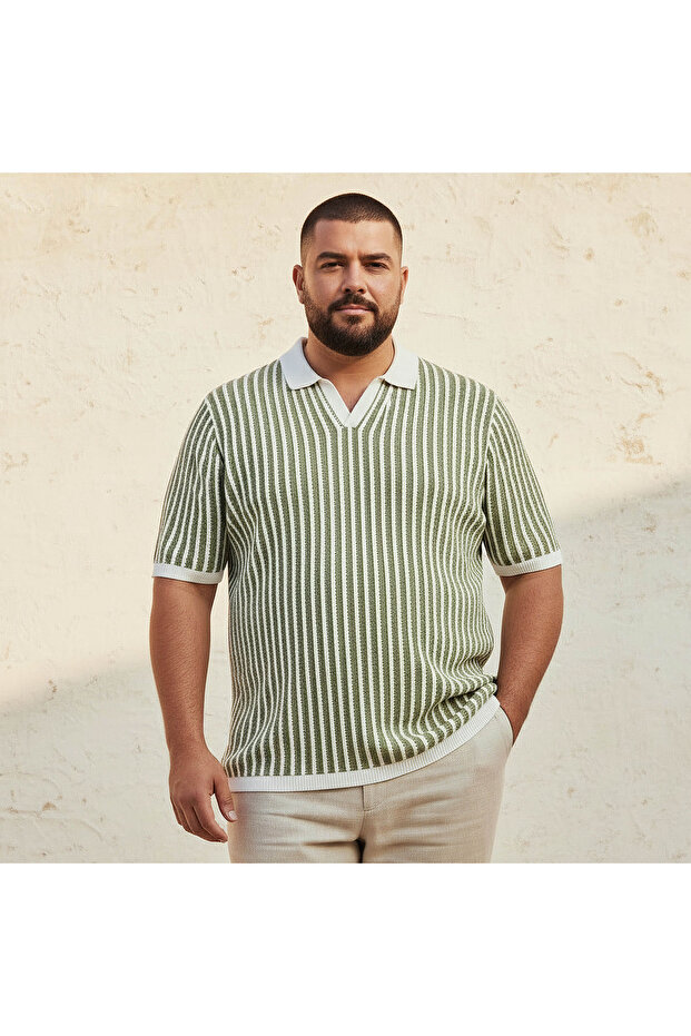 Men Short Sleeves Striped Johnny Collar Polo T-shirt