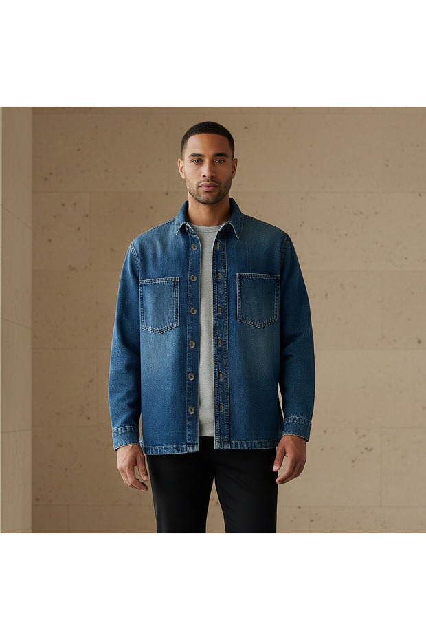 Men Regular Fit Collared Denim Long Sleeves Shirt