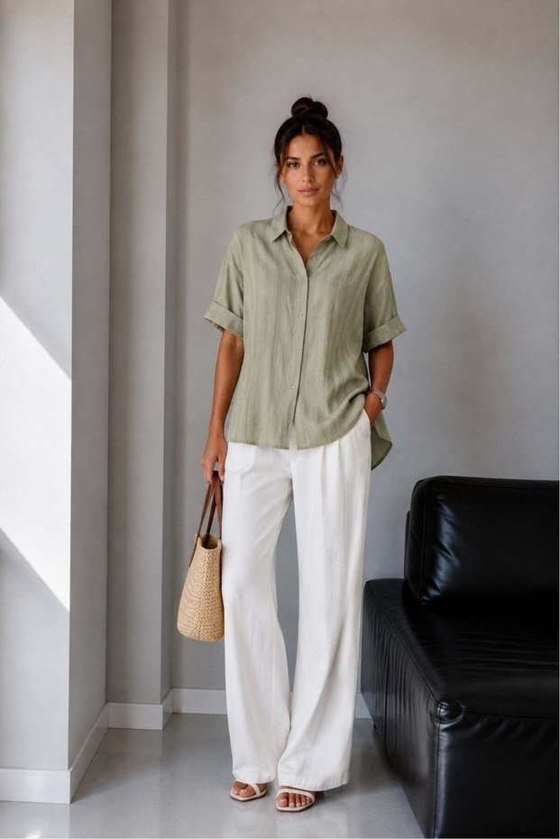 1030 Women's Cotton Striped Slightly Transparent Short Sleeve Oversize Shirt Khaki