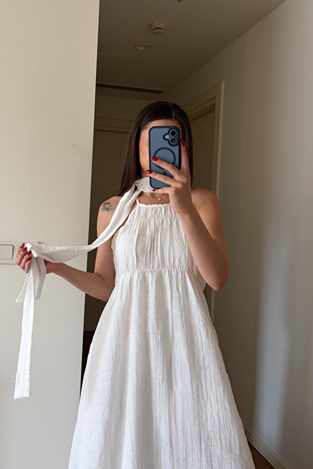 White Drawstring Collar Scarf Long Dress - 3428