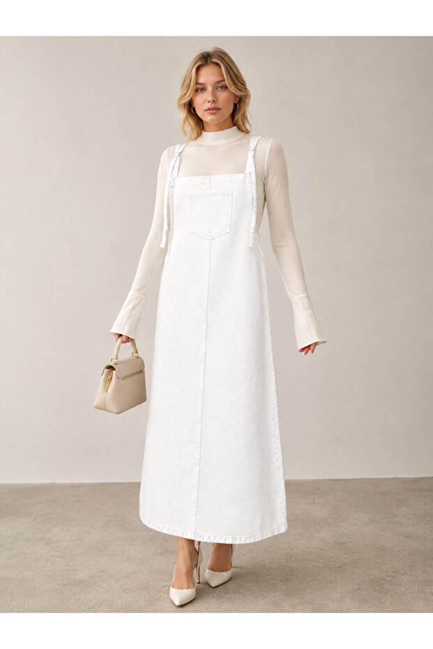 White Salopet Long Linen Gilet Dress