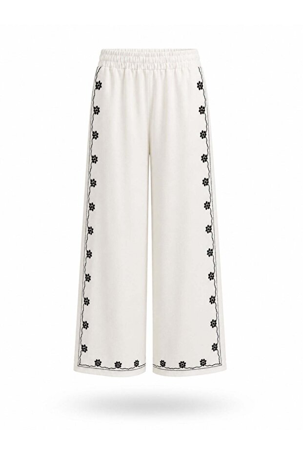 Ecru Pants with Floral Embroidery on the Sides 02029