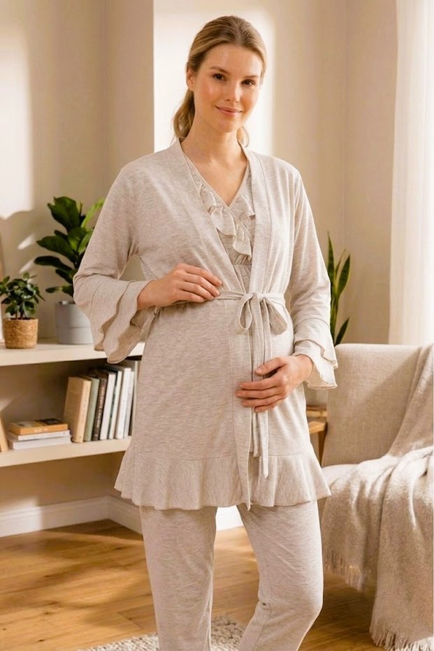 Women's Beige Volan Sleeve New Season 3-Piece Maternity Pajama Set with Dressing Gown
