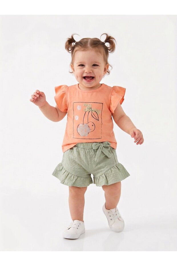 Cotton Cherry Patterned 2-Piece Girls' Set with Ruffle Detail