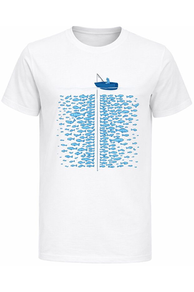 Silent Waters Minimal Fisherman and School of Fish Printed Unisex Regular T-Shirt