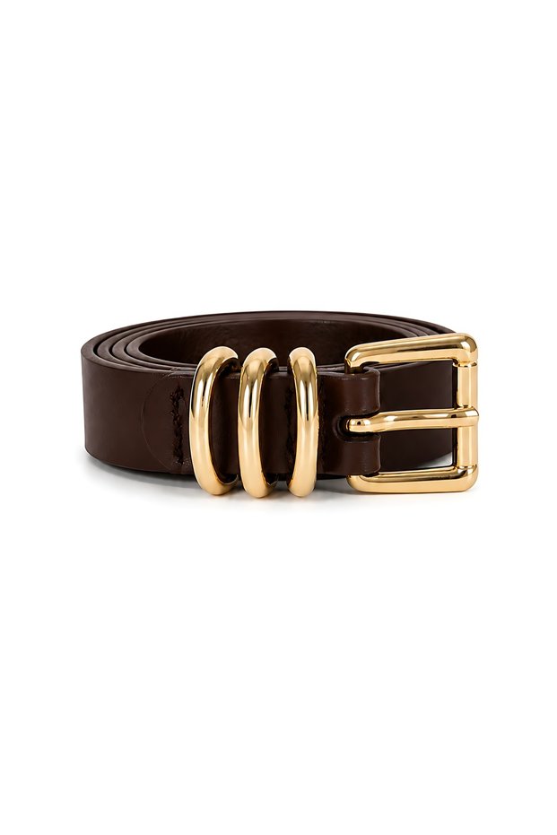 Brown Shk3020 Women's 3 Bridge Detailed Gold Buckle Thin Faux Leather Waist Belt