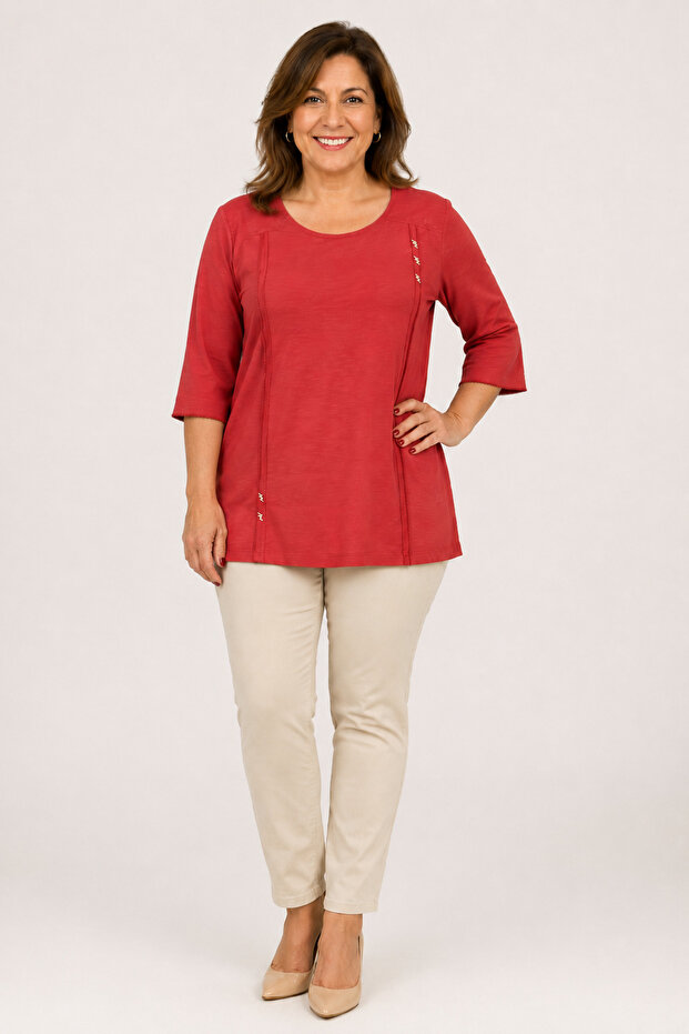 Women's Zero Collar Combed Cotton Blouse with Ges Collar Y26-607-Kiremit