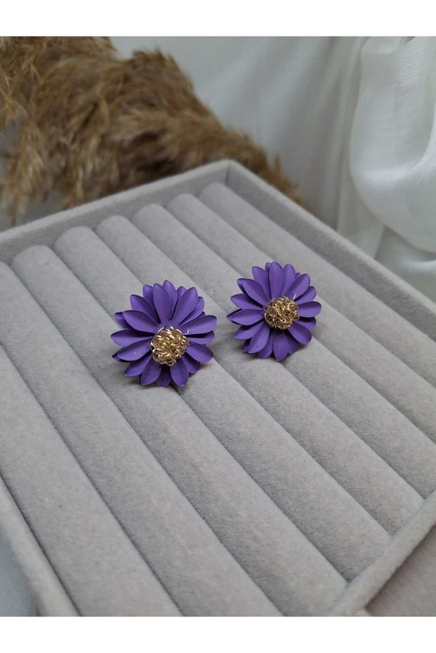 Purple Flower Figured Design Earrings Gold Color Detailed Elegant Women's Earrings