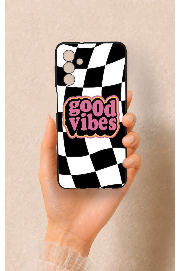 Samsung A04S Compatible Black Good Vibes Patterned Silicone Case