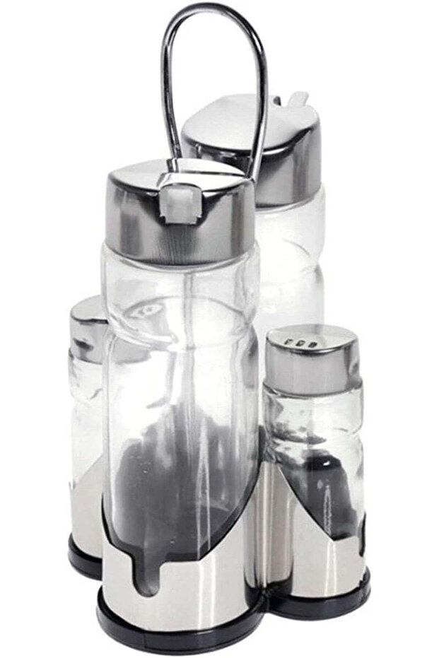 Cuisine Art 5-Piece Condiment Set - Stainless Steel Stand & Lids - Oil, Vinegar & Spice Jars