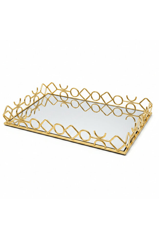 Golden Metal & Glass Mirror Serving Tray Ornate Geometric Lattice Design 44×30 cm