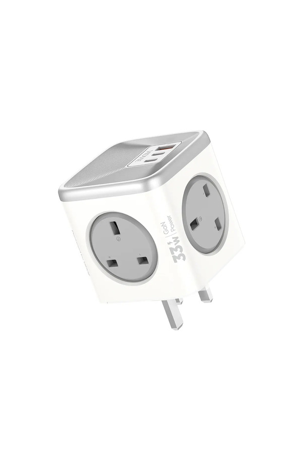 33W GaN Wall Charger Power Cube - Multi-Outlet UK Plug Fast Charger Adapter with AC Sockets & USB Ports - White