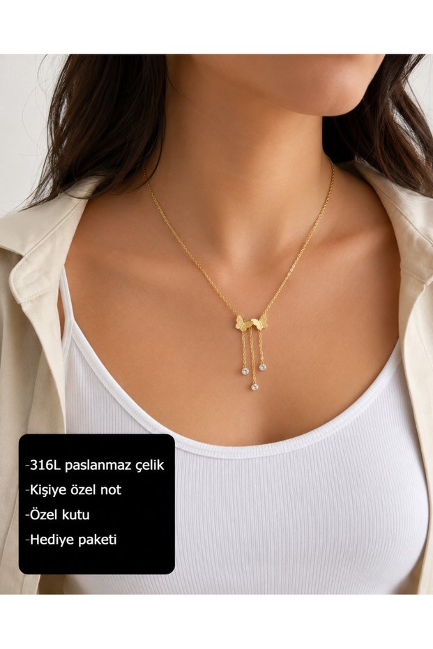 Aurevina Double Butterfly Women Necklace 316L Stainless Steel Necklace with Stone Detail