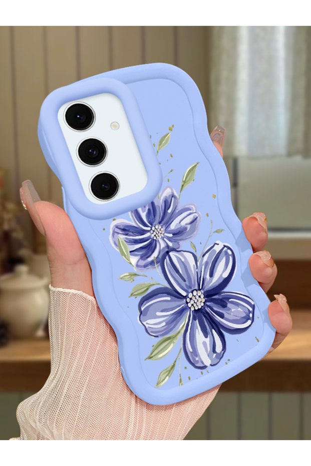 Samsung Galaxy S24 Fe Compatible Case Camera Protector Blue Silicone Couple Phone Case Floral Pattern