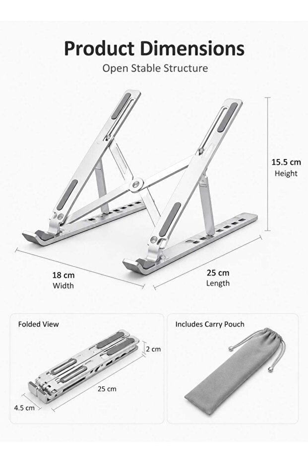 Laptop Stand 450 g | Adjustable Aluminum Laptop Holder | Foldable Portable Computer Riser | Desk Tablet Stand With Anti Slip Pads And Storage Pouch