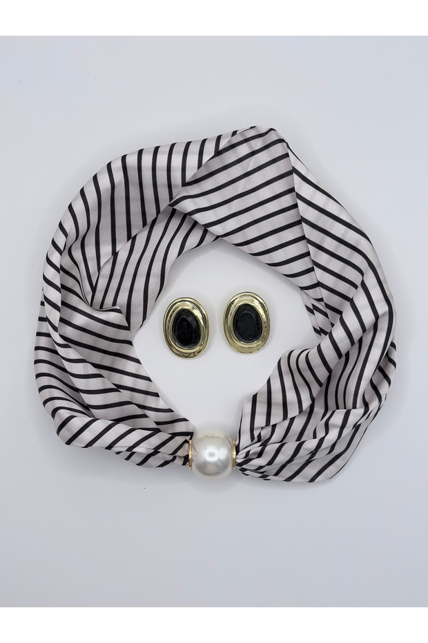 Satin Scarf Necklace and Earring Set with Magnet Pearl Detail 44 cm Women's Stylish Combination Accessory