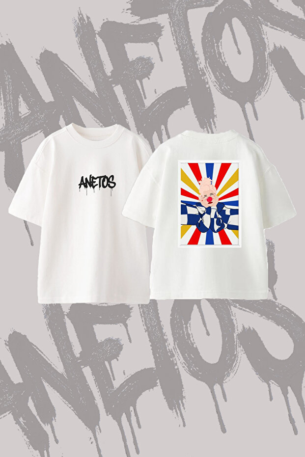 Aglayan Palyaco Design Back Printed Cotton White Oversize T-Shirt