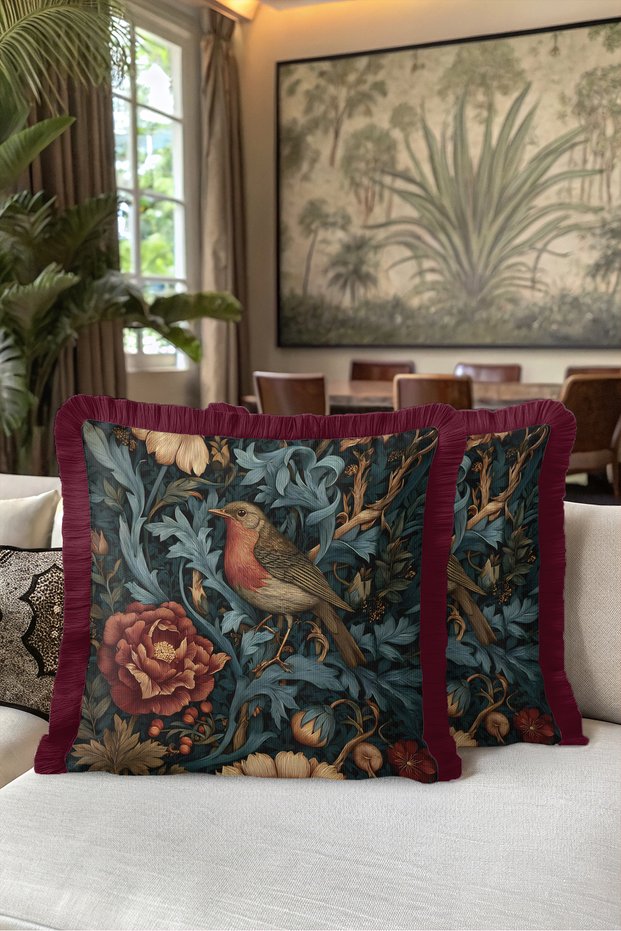 Vintage Motif Fringed Pillowcase with Birds and Flowers - Still Life Bohemian Burgundy Tasseled Throw Pillow Cover