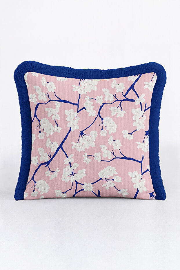 Sakura Flower Elegant Chic Fringed Pillowcase - Japanese Bohemian Pink Navy Blue Tassel Throw Pillow Cover